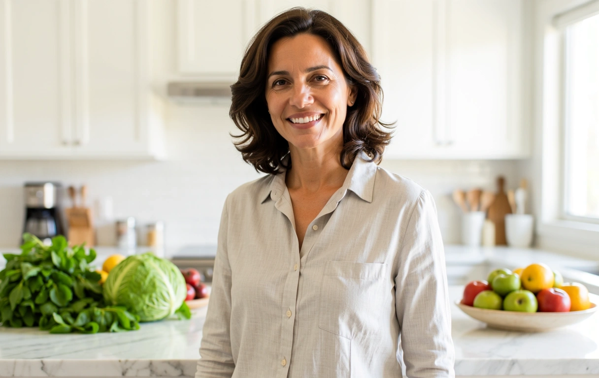 Nutricionista en su cocina preparando alimentos frescos